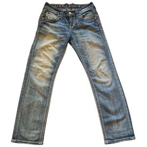 Mens RockRevival Straight Cut Jeans Blue distressed Size 29x30. Gently worn
